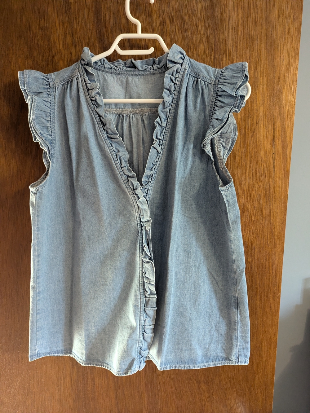 Light Blue Ruffle Chambray Sleeveless Top